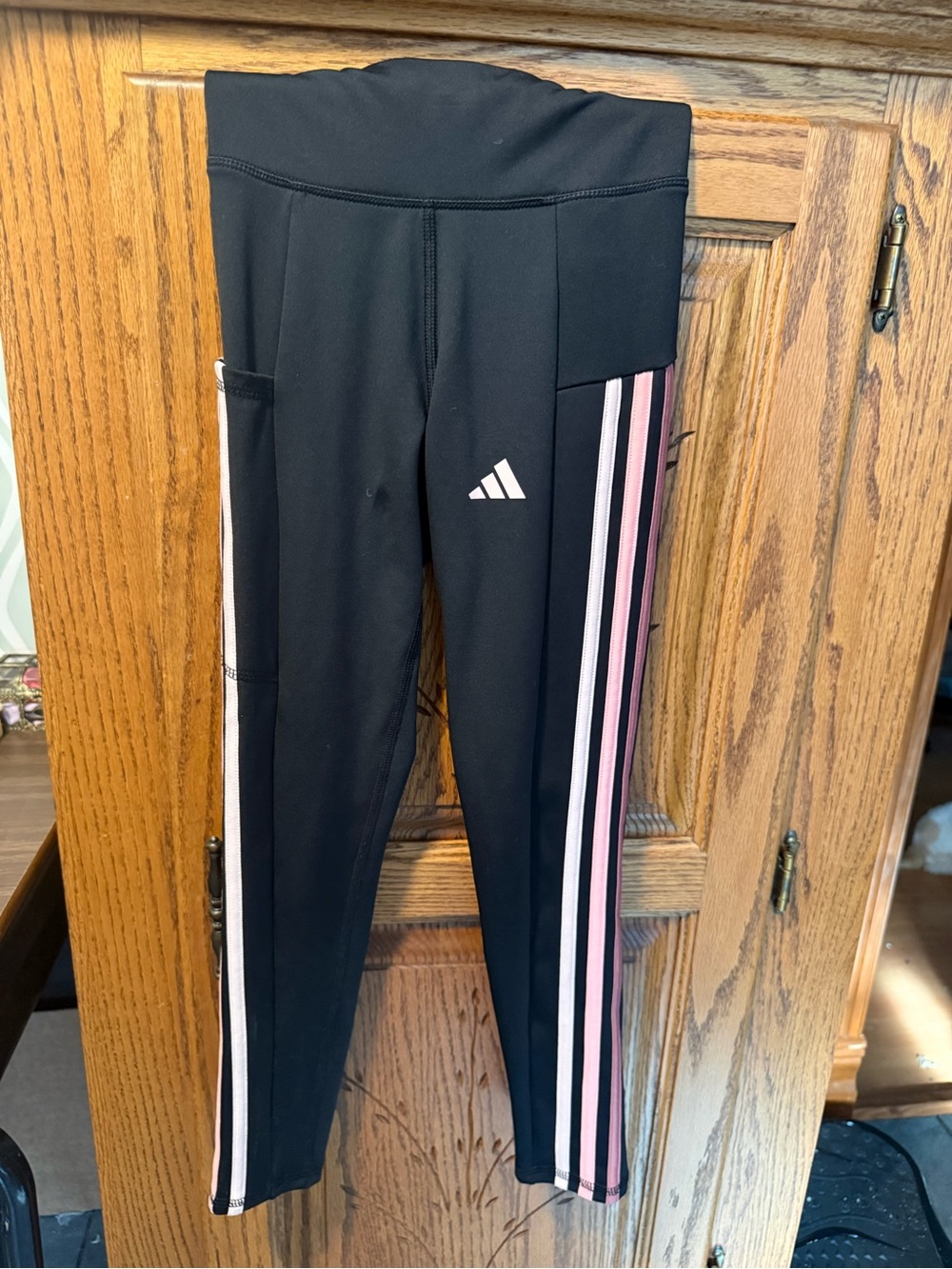 adidas Black Kids Leggings with Pink & White Side Stripes